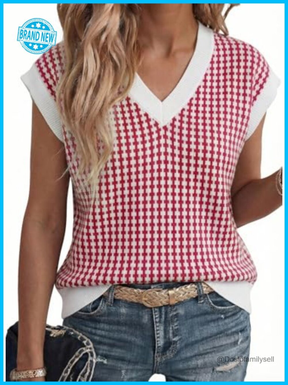 Dokotoo Womens V Neck Short Sleeve Plaid Knit Tunic Sweater Vest Loose Fit